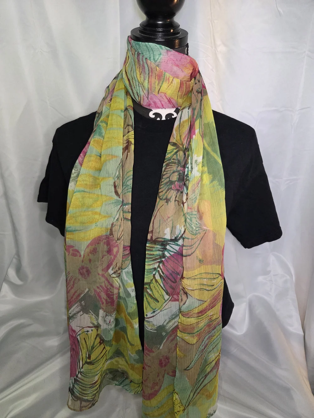 S121. Vintage Floral Multicolor Lightweight Scarf in Yellow, Pink & Green